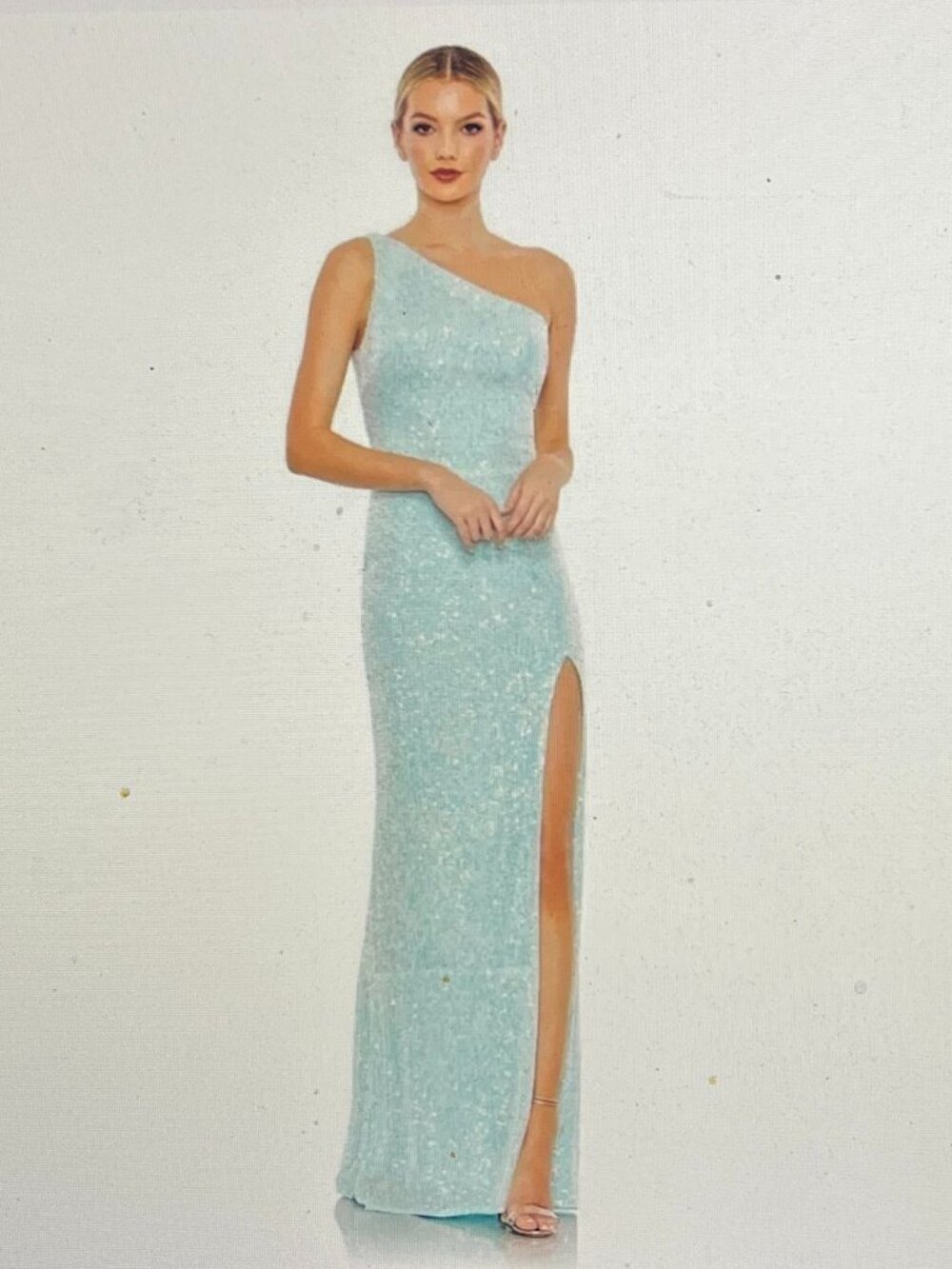 MAC DUGGAL IEENA FOR MAC DUGGAL SEQUINED ONE SHOULDER DRAPED BACK GOWN ICE BLUE